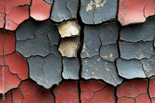 Abstract cracked texture shows peeling paint in red, blue, and beige shades