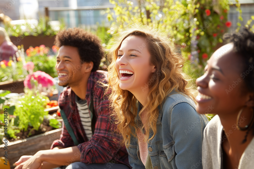 Naklejka premium Diverse Young Adults Laughing Urban Garden Sunny Outdoors Happy Friends Multicultural Together Positive