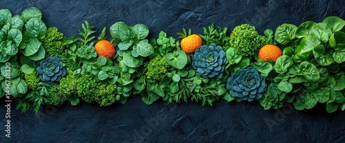 A dark background features green veggies with orange globes & blue flower-like buds
