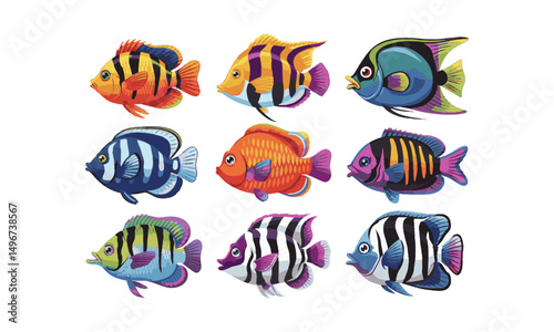 Modern colorful vector illustration featuring a collection of exotic tropical fish, easily scalable and editable.