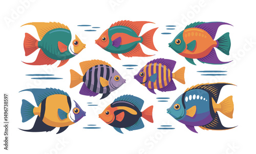 Modern colorful vector illustration featuring a collection of exotic tropical fish, easily scalable and editable.