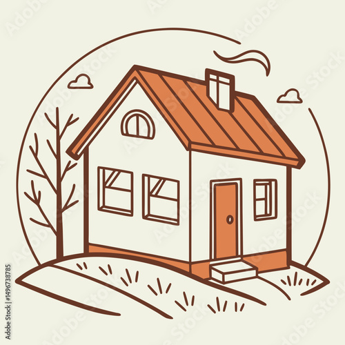 Cute house with chimney and plants, transparent background, Vector illustration, icon.

