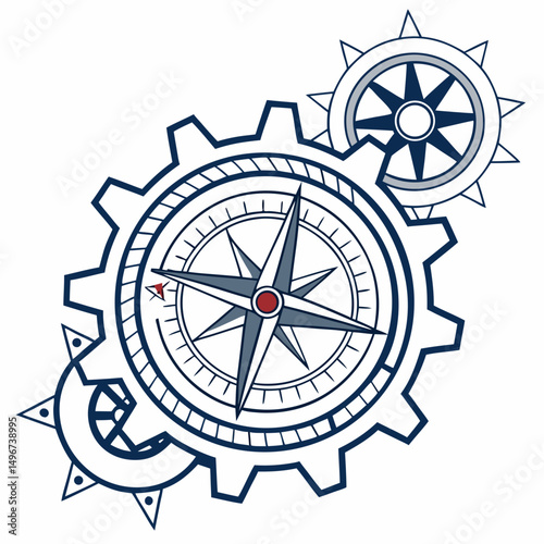 Gears and compass in motion, transparent background, Vector illustration, icon.

