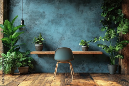 Cozy indoor space with plants, desk, and blue textured wall creates a calm, inviting environment