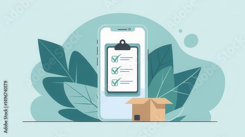 Online order confirmation on mobile app with checklist and delivery box