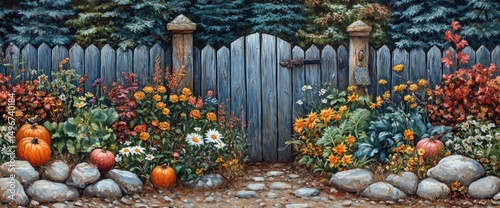 Autumn garden with vibrant flowers, pumpkins, and apple by a weathered wooden fence and gate