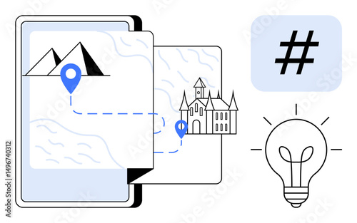Smartphone screen with map, location pin, mountains, castle illustration, metadata tag, and lightbulb. Ideal for travel, creativity, innovation digital strategy social media apps simple landing