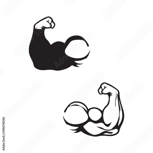 Muscle icon. Bicep symbol. Strong arm vector illustration. Gym logo. Bodybuilding fitness concept. Athlete flexing hand sign. Muscular power pictogram isolated on a white and black background