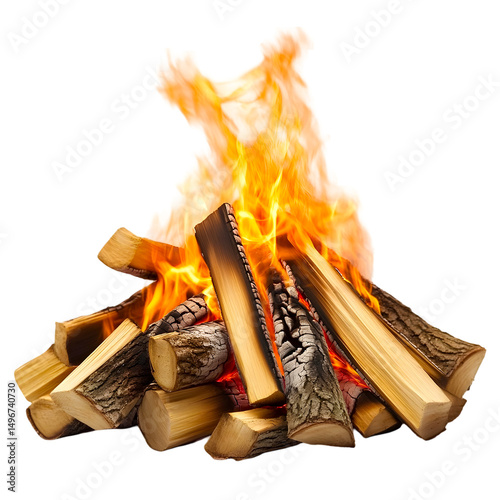Blazing Campfire with Stacked Wood Logs on transparent background