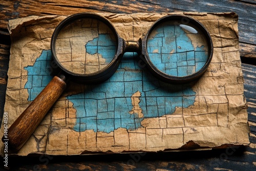 Magnifying glass over aged map, detailed blue land, aged brown paper, wood backdrop