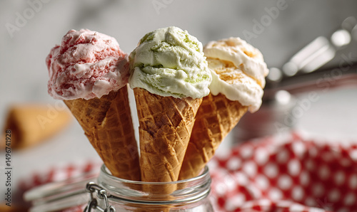 Three ice cream cones in a glass jar featuring strawberry pistachio and vanilla flavors set against a red and white checkered tablecloth creating a delightful