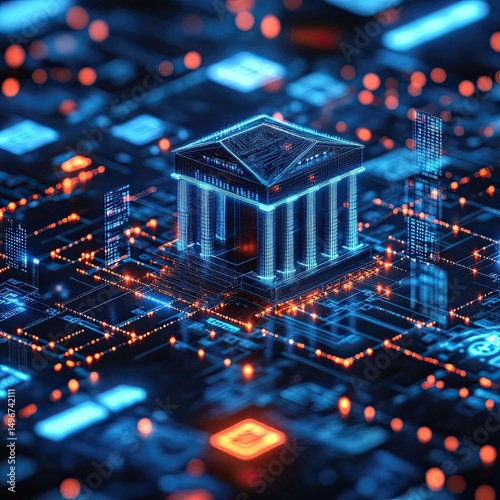 Financial technology (FinTech) innovation shown with digital banking apps, cryptocurrency solutions, blockchain-based payment systems, peer-to-peer lending platforms, and transforming 