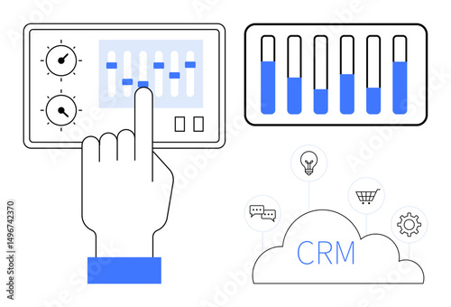 Hand tuning sliders on a control panel, CRM cloud with analytics icons, bar graph. Ideal for CRM, business management, data optimization, strategy, teamwork, technology simple landing page