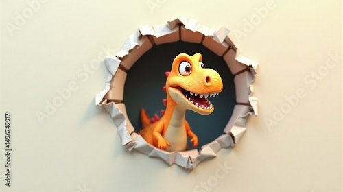 Cute cartoon dinosaur emerging from a hole