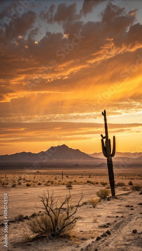 Alone cactus in desert landscape with sunset sky photo