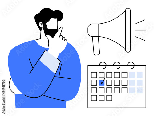 Man thinking with hand on chin alongside loudspeaker and calendar with marked date. Ideal for marketing, planning, promotion, event management, strategy, decision-making, productivity. Flat simple