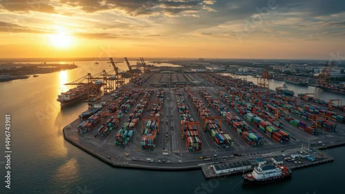 Aerial View of Bustling Seaport with Cargo Ships and Containers