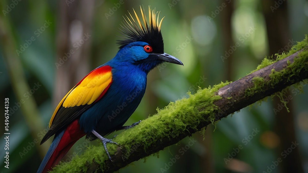 Obraz premium A hyper-realistic photograph of a male Wilson’s bird-of-paradise perched on a mossy branch in a lush rainforest of Papua.