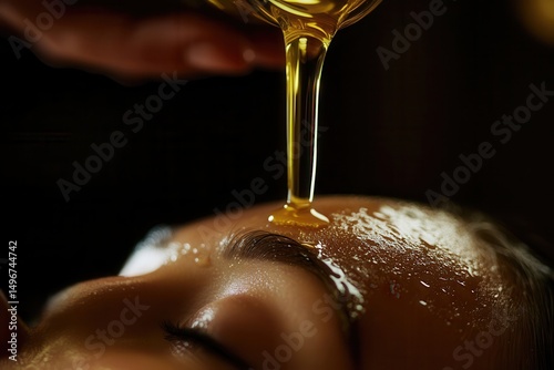 Close up of woman receiving luxury ayurvedic panchakarma facial treatment with ghee dripping on her forehead at spa in india for rejuvenation. Concept of alternative indian medicine ayurveda