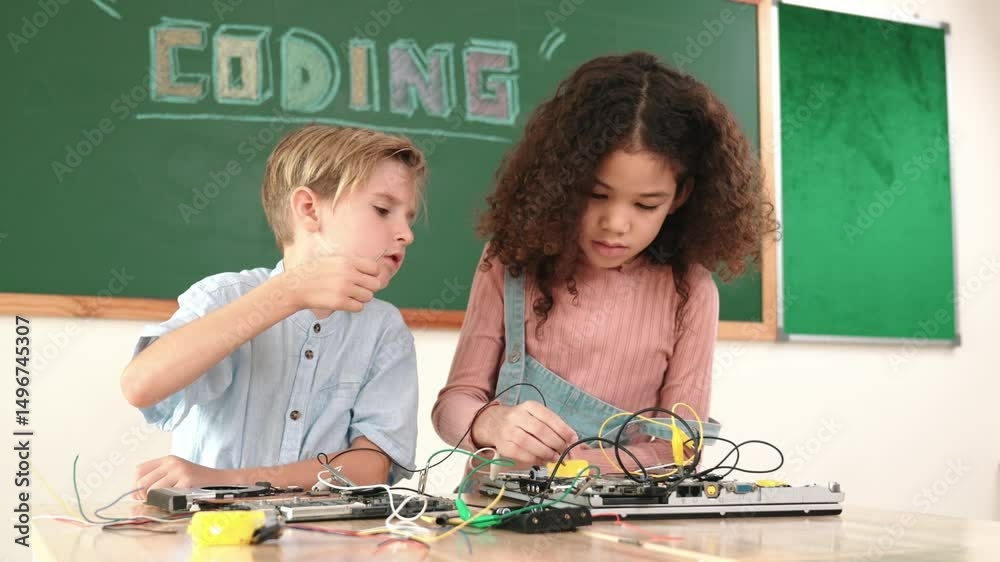 Kids Using Hardware Girl standing while fixing electronic board by using screwdriver ...