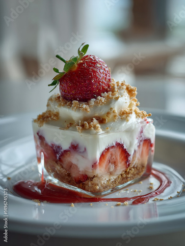 Delicious Strawberry Dessert in a Glass Cup with Creamy Layers Crumble Topping and Strawberry Sauce on a White Plate Perfect for a Sweet Treat