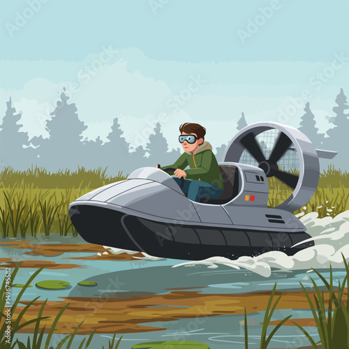 Person Riding Hovercraft on Water in a Marsh Environment Illustration