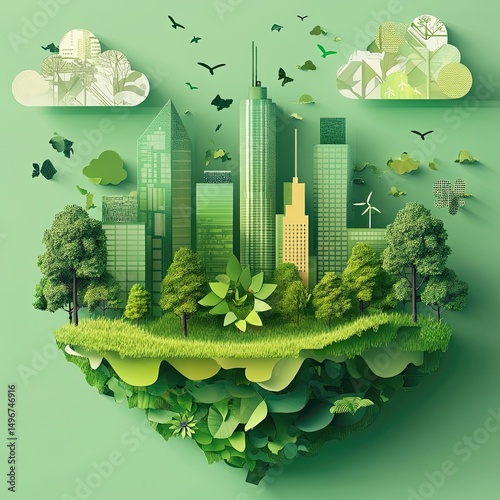 Green business solutions depicted with eco-friendly companies using sustainable practices, renewable energy sources, and environmentally conscious products to reduce carbon footprints and attract