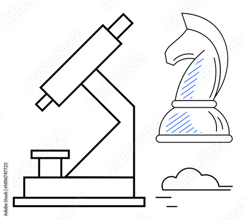 Microscope emphasizes research and discovery, while chess knight represents strategy and foresight. Ideal for innovation, education, problem-solving, creativity, strategy, science analysis. Flat