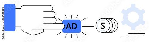 Hand pressing ad button linked to coins, symbolizing ad revenue and monetization. Gear denotes settings, strategy, or process improvement. Ideal for marketing, advertising, business, optimization