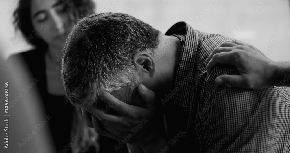 Man sobs during therapy session, burying face in hands while others gently place hands on his back and shoulder in gesture of deep emotional support and empathy