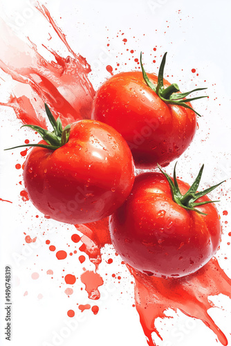 Fresh red tomatoes splashing in bright red liquid against a white background