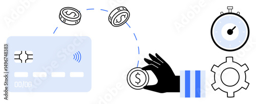 Contactless card transfers coins via a hand, accompanied by a timer and gear symbolizing speed, automation, and efficiency. Ideal for payment systems, banking, fintech, technology, productivity