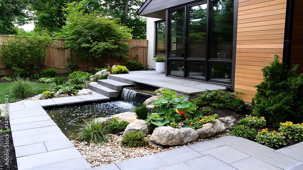 Obraz premium Modern backyard with a pond, waterfall, stone path, lush plants, and wooden siding beside glass doors.