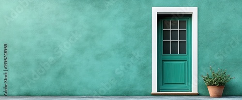 A turquoise wall features a green door with glass panes, and a potted plant sits near it