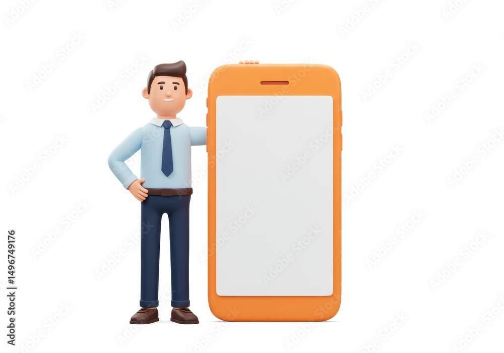 3D Illustration of Cartoon businessman with orange smartphone isolated on white background 3D Illustration of Cartoon businessman with orange smartphone isolated on white background