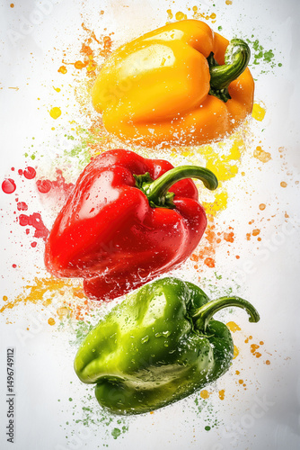 Vibrant bell peppers splashing in water