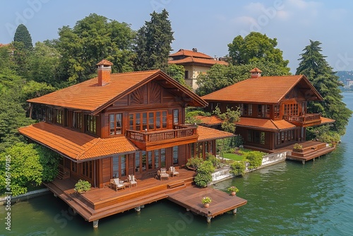 Wooden homes stand gracefully beside waters, nestled amidst verdant foliage. Tranquil, luxurious