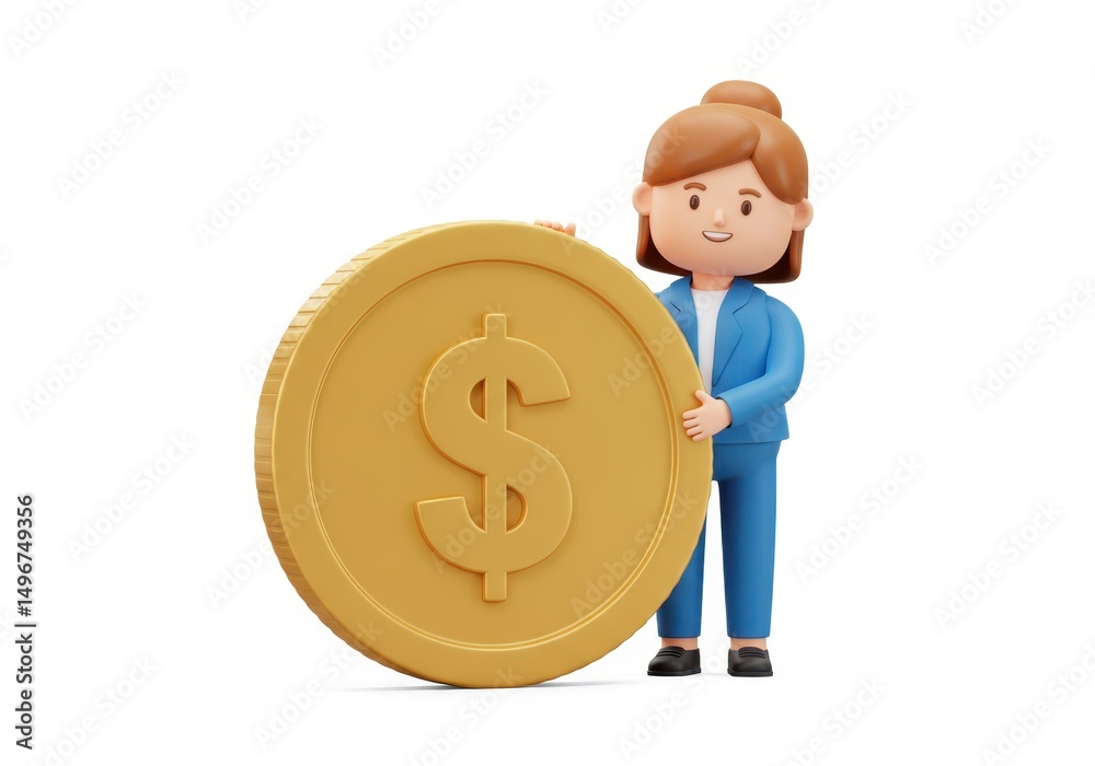 3D Illustration of Cartoon businesswoman holding a large gold coin isolated on white background 3D Illustration of Cartoon businesswoman holding a large gold coin isolated on white background