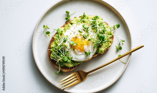 Avocado Toast with Fried Egg and Microgreens on a Ceramic Plate with Golden Fork a Healthy and Delicious Breakfast or Brunch Option Shot in Natural