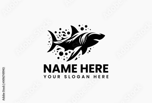 Powerful black shark silhouette with dynamic water splashes and bubble trails in aggressive vector logo. Marine predator emblem  