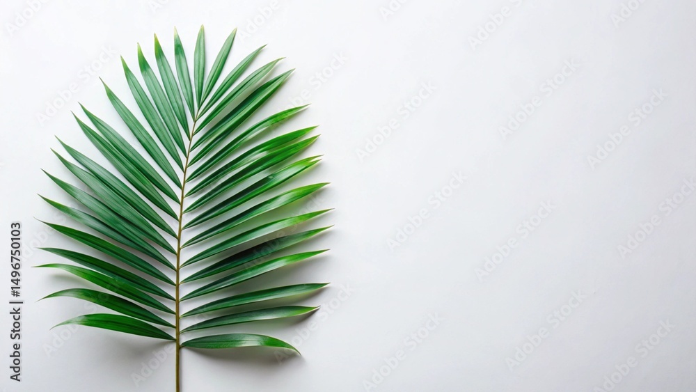 Fototapeta premium Green Palm Leaf Isolated on Clean White Background with Minimal Design and Fresh Botanical Aesthetic Appeal.
