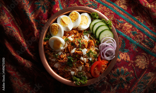 Overhead shot of chicken biryani served on a copper plate with boiled eggs cucumber red onion and tomato placed on a decorative red and gold