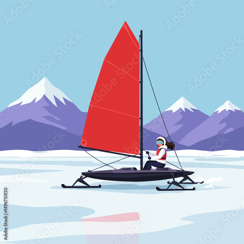 Woman Sailing on Ice Boat with Red Sail Against Snowy Mountains
