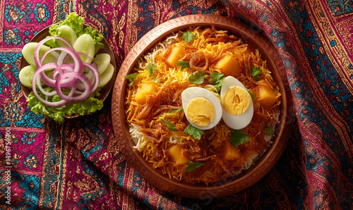 Overhead shot of delicious Indian biryani with boiled eggs and potatoes served in a copper bowl accompanied by a fresh salad on a patterned tablecloth