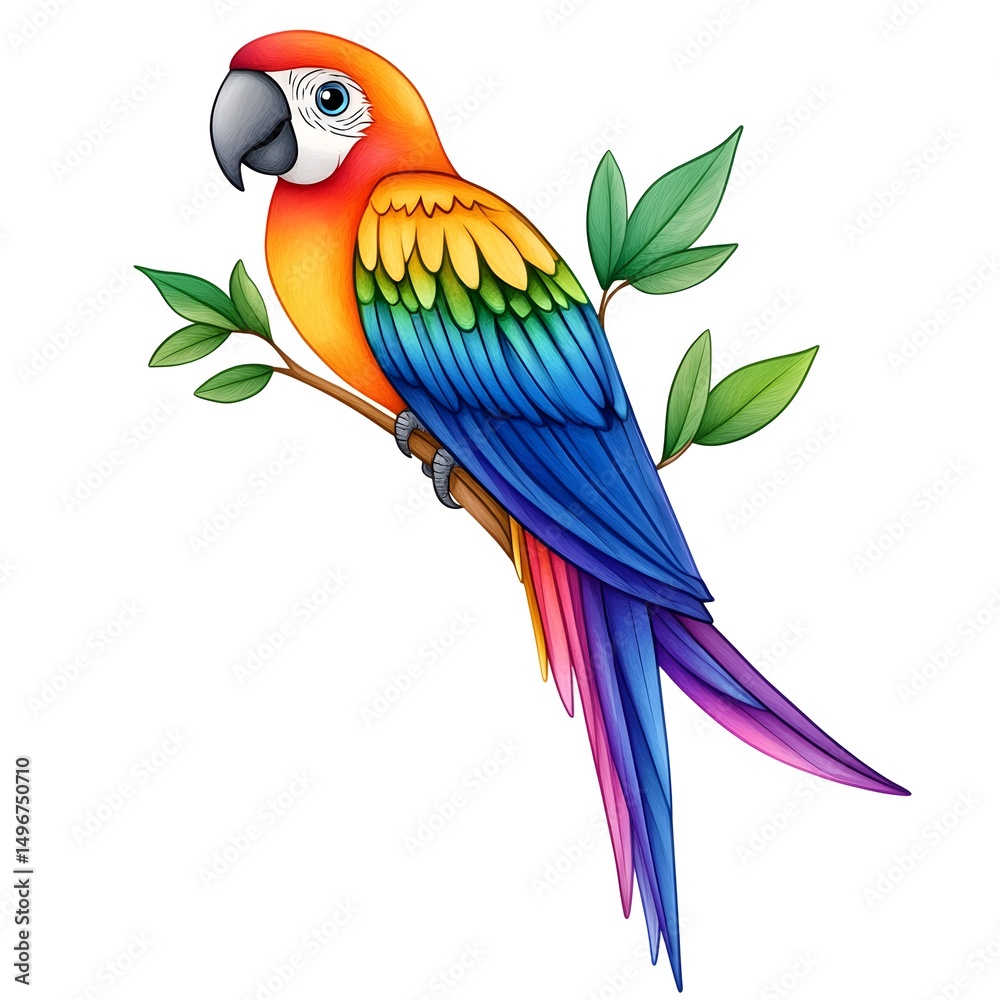 Obraz premium Vibrant Scarlet Macaw Parrot on Branch with Lush Green Leaves Tropical Bird Illustration