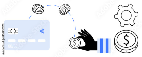 Hand transfers coins to credit card emphasizing payment flow gear suggests system or operation. Ideal for finance, e-payment, technology, commerce, banking, economy, automation. Flat simple metaphor