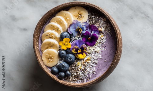 Overhead shot of a vibrant purple smoothie bowl in a coconut shell adorned with banana slices blueberries chia seeds coconut flakes and edible pansy flowers