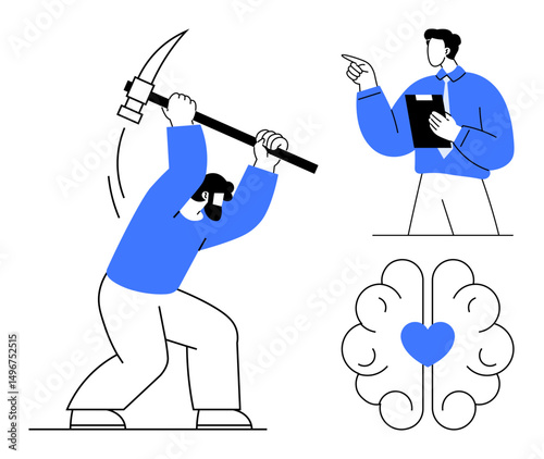 Miner wielding a pickaxe, man holding clipboard giving instructions, and heart within brain shape. Ideal for teamwork, labor, leadership, mental health, communication balance personal growth. Flat