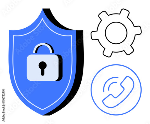 Blue shield with lock, gear icon, and phone symbol highlighting safety, settings, and communication themes. Ideal for privacy, security, technology, configuration connectivity app interface flat
