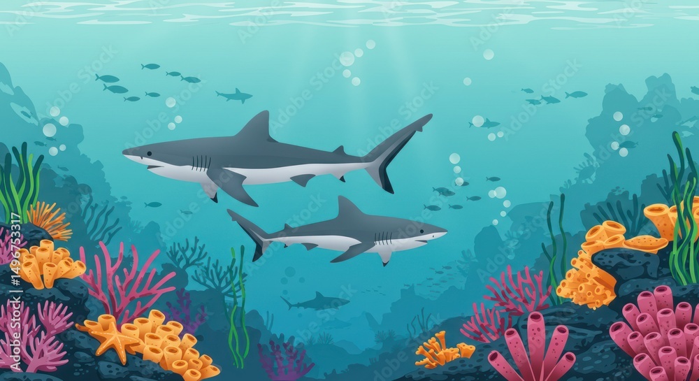 Obraz premium Two sharks swimming in underwater world among coral reef